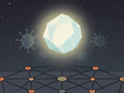 Uniwersalna szczepionka na koronawirusy AI zaprojektowało superantygen który chroni przed przyszłymi pandemiami - Promptowy A glowing faceted moon hovers over a geometric orange-node network, with faint virus shapes in a starry night sky.