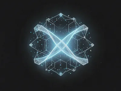 Microsoft twierdzi że nowy chip kwantowy jest 1000 razy stabilniejszy Czy to przełom czy kontrowersja - Promptowy Glowing abstract geometric emblem with intersecting ribbons over a dark background, suggesting futuristic technology or quantum networks.