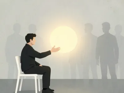 AI nigdy nie ma złego dnia I to jest największy problem - Promptowy Man in a black suit sits on a white chair, reaching toward a glowing orb with shadowy figures in the background.