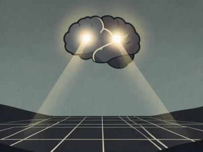 Sztuczna inteligencja odczytuje ból z mózgu Koreańscy badacze znaleźli jego cyfrowy ślad - Promptowy Brain illustration with two light beams shining onto a grid landscape, symbolizing thinking and insight.