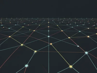 AI rozwiązało 80-letni problem matematyczny Matematycy potwierdzili wynik - Promptowy Abstract network visualization with glowing nodes connected by colorful lines on a dark background, extending toward the horizon.