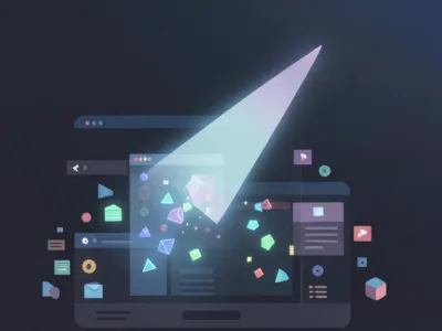 Kursor myszy ma 50 lat Google właśnie zmienia zasady gry - Promptowy Abstract laptop illustration with a bright beam projecting colorful geometric shapes from the screen, symbolizing data visualization and discovery.