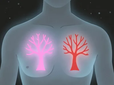 Mammografia może ostrzec przed zawałem Nowe narzędzie AI wyłapuje ukryte ryzyko - Promptowy Stylized illustration of a human chest with two tree-shaped lungs, pink on the left and red on the right.