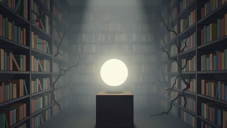 Świecąca kula na piedestale w zamglonej bibliotece z ciemnymi regałami