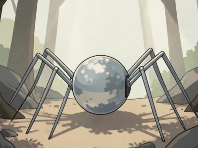 Giant metallic spider with a round body and eight long legs in a forest clearing.