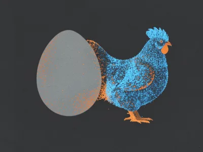 Blue speckled chicken standing beside a large gray egg on a dark background: a dotted art illustration.