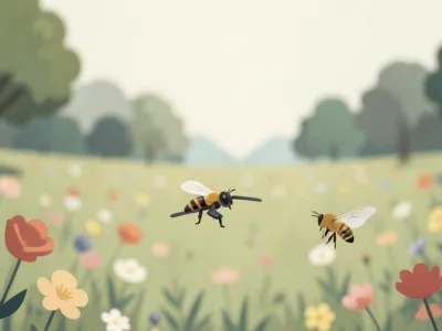 Two bees flying over a sunlit meadow dotted with colorful flowers, with trees in the distance.