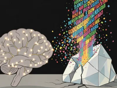 Abstract illustration of a glowing brain with lit neuron-like branches on the left, and a geometric crystalline mountain on the right that shoots colorful words into the air.