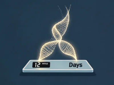 Glowing double-helix DNA made of lights rising from a digital scale displaying '12 Days' against a dark blue background.