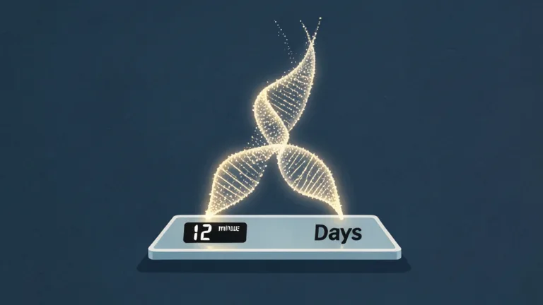 Świecąca helisa DNA unosząca się nad wagą cyfrową z napisem 12 Days