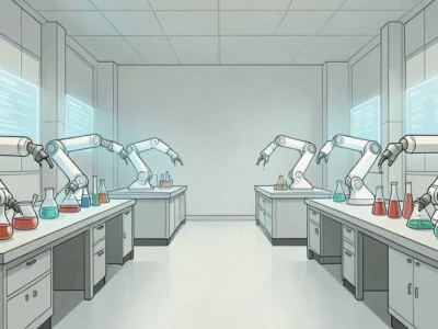Roboty przejmują laboratoria W Tokio same prowadzą eksperymenty na komórkach macierzystych - Promptowy Futuristic laboratory with multiple robotic arms at workbenches, mixing colorful chemicals in flasks.