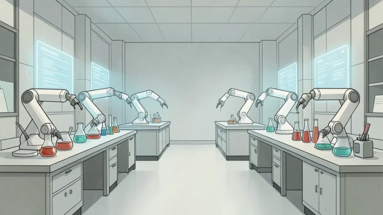 Robocze ramiona mieszające kolorowe odczynniki w futurystycznym laboratorium.