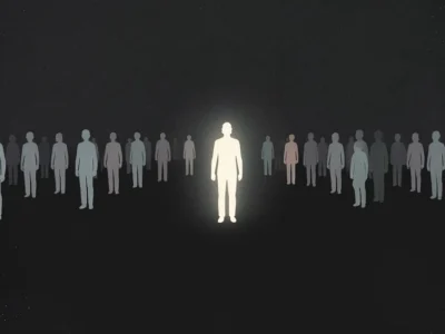A single glowing figure stands in front of a row of gray silhouettes, spotlighting individuality or leadership against a dark background.