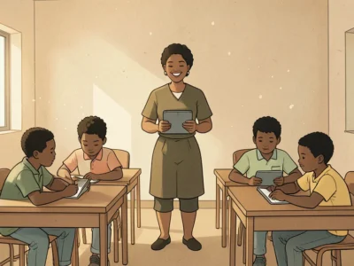 Teacher stands in a sunlit classroom holding a tablet as four students work at desks nearby.