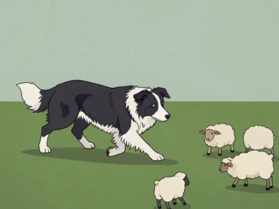 Border collie herding a small flock of sheep on a grassy field.
