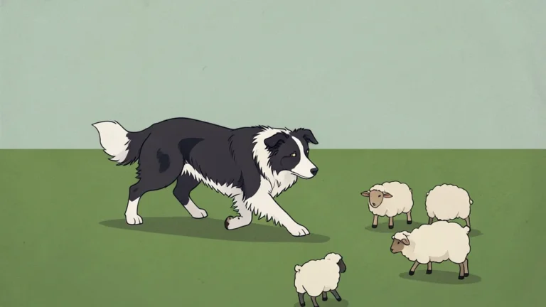 Pies border collie wypasający małe stado owiec na trawiastym polu