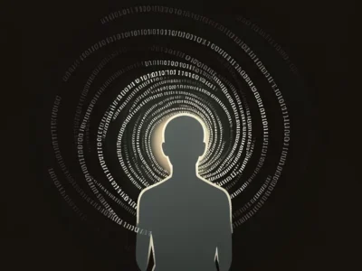 Silhouette of a person in front of spiraling rings of binary digits, symbolizing digital identity or data privacy.