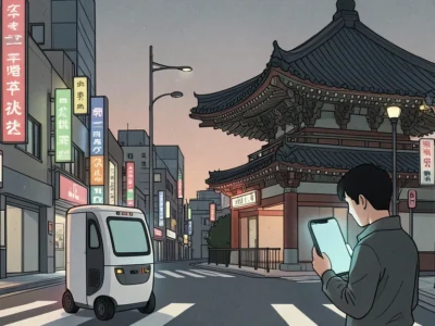 Dusk city street with neon signs, a small autonomous vehicle, and a man looking at his phone near a traditional temple gate.