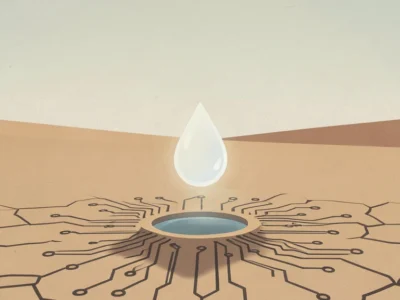 Water droplet hovering over a circular hole in cracked desert soil, with circuitry-like lines radiating from the hub.