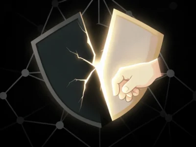 Hand presses a glowing shield against a cracked dark shield, symbolizing defense and breach prevention in cybersecurity.