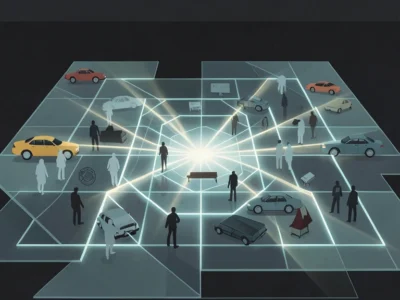 Futuristic smart-city scene with people and cars on glowing interconnected floors converging at a central hub