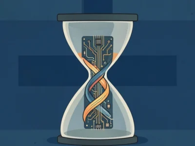 Hourglass containing a circuit board and DNA-like strand, set against a blue background with a medical cross motif behind it.