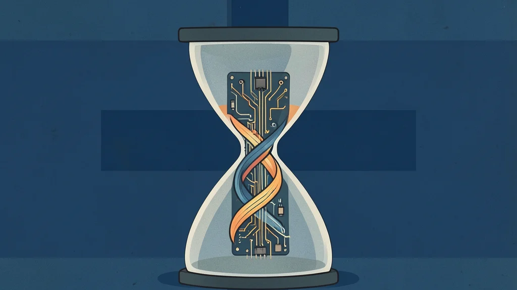 Lekarz czy maszyna AI od Google lepiej zarządza chorobą niż człowiek - Promptowy Hourglass containing a circuit board and DNA-like strand, set against a blue background with a medical cross motif behind it.