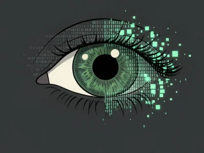 Illustrated green eye with digital green pixels flowing from the right side, symbolizing digital vision
