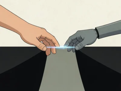 Human and robotic hands reach toward each other, fingertips nearly touching with a blue glow between them.