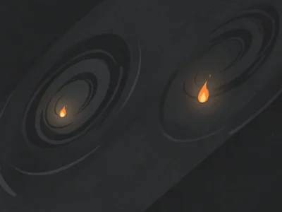 Dwa brązowe karły udawały odległe galaktyki Tylko teraz możemy to naprawić - Promptowy Two small orange flames glow inside circular, ripple-like wells on a dark abstract background.