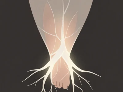 096 kilograma nadziei Robot pomógł dzieciom ze SMA stanąć na nogi - Promptowy Abstract illustration of two forearms intertwined, with glowing white rootlike veins forming a heart shape on a dark background.