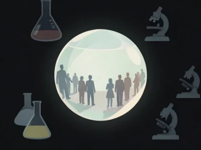 Koniec ekspertów Gra na rynku przewidzi przełom naukowy szybciej niż naukowcy - Promptowy Glowing globe with diverse silhouettes of people standing together, surrounded by science equipment silhouettes on a dark background.