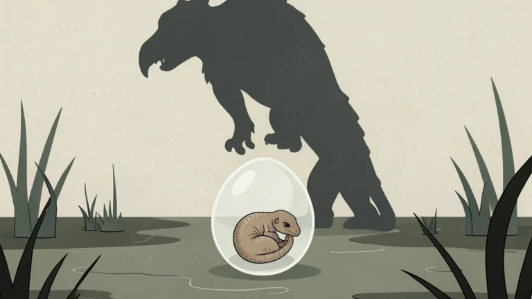 Mały embrion dinozaura w przezroczystym jajku na tle sylwetki dużego dinozaura