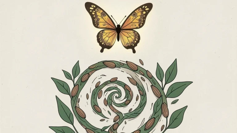 Motyl unoszący się nad spiralnym zielonym pędem z liśćmi