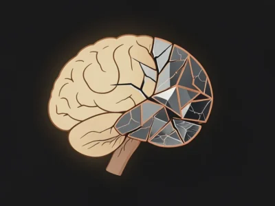 Stylized brain silhouette with the right half broken into geometric, crystal-like shards nearby a dark background