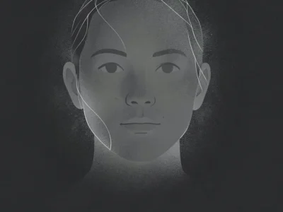 Grayscale illustration of a calm, androgynous face against a dark background with white hair-like lines across it.