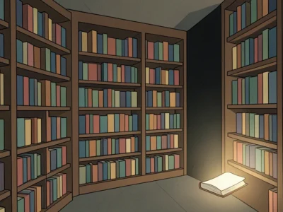 Corner of a quiet library with tall shelves filled with colorful books; a glowing open book sits on a lower ledge, lighting the space.