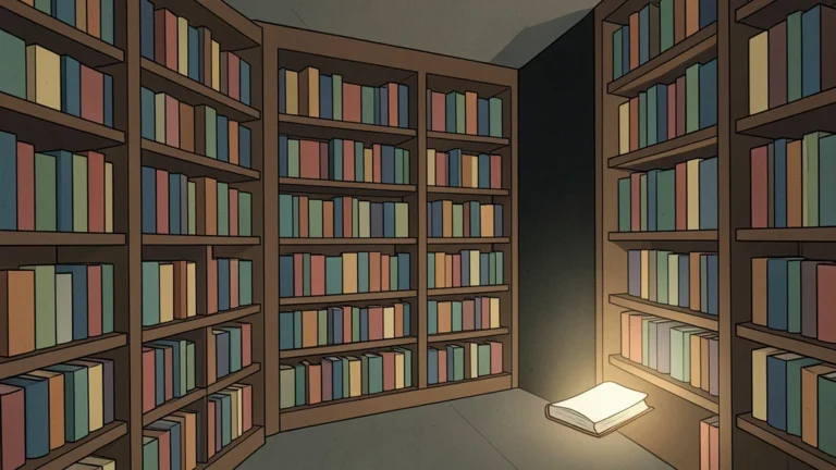 Półki biblioteczne pełne książek ze świecącą otwartą księgą na pierwszym planie