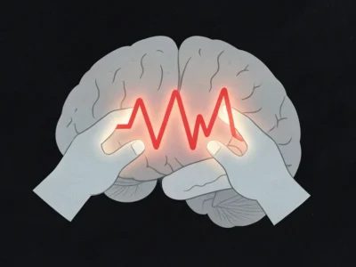 AI odczytała ból z EEG Dwa algorytmy sprawdzają się nawzajem by wyeliminować subiektywizm - Promptowy Two hands cradle a brain, with a glowing red jagged ECG line across it, symbolizing brain activity or epilepsy.