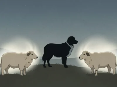 Owce i psy pasterskie inspirują nowy algorytm roju Z pomocą YouTubea - Promptowy Illustration: a black and white dog standing on a hill between two cream-colored sheep under a twilight sky.