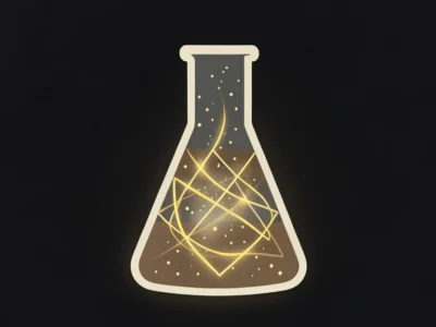 Chemik-AI odkrywa lepszą recepturę Czy maszyny przejmą laboratoria farmaceutyczne - Promptowy Glowing neon Erlenmeyer flask with golden geometric shapes inside against a dark background.