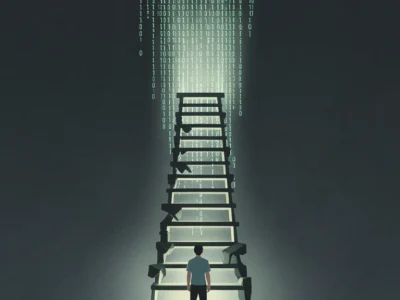 AI po cichu wygryza pierwszy szczebel kariery Czy juniorzy mają jeszcze po co wstawać rano - Promptowy Person standing at the base of a broken ladder reaching toward a bright light, with streaming binary code above.