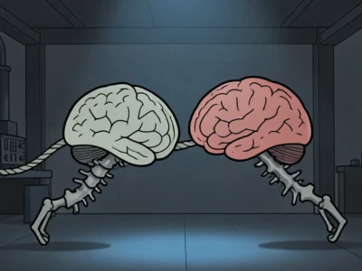 Two cartoon brains with skeletal legs pull a rope in a dim laboratory, facing off in a tug‑of‑war.