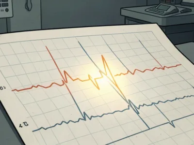 Tilted patient vitals chart with red, orange, and blue ECG lines on a grid in a lab setting at a desk.