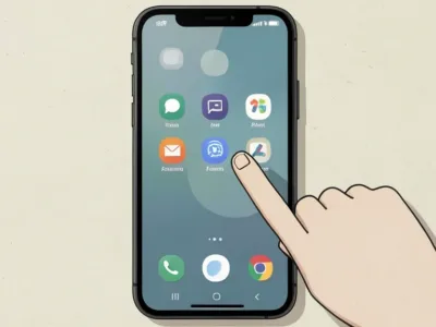 Finger taps an app icon on a smartphone home screen (iPhone) with multiple icons visible