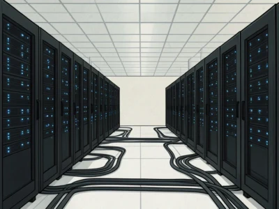 Data center aisle with tall server racks and glowing blue status lights, cables snaking across the floor.