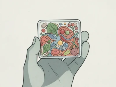 Cartoon hand holding a square container filled with colorful mixed vegetables.