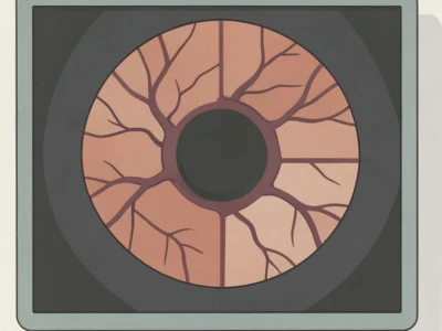 Stylized cross-section of an eye: orange iris with dark pupil inside a gray frame, veins radiating outward in the iris.