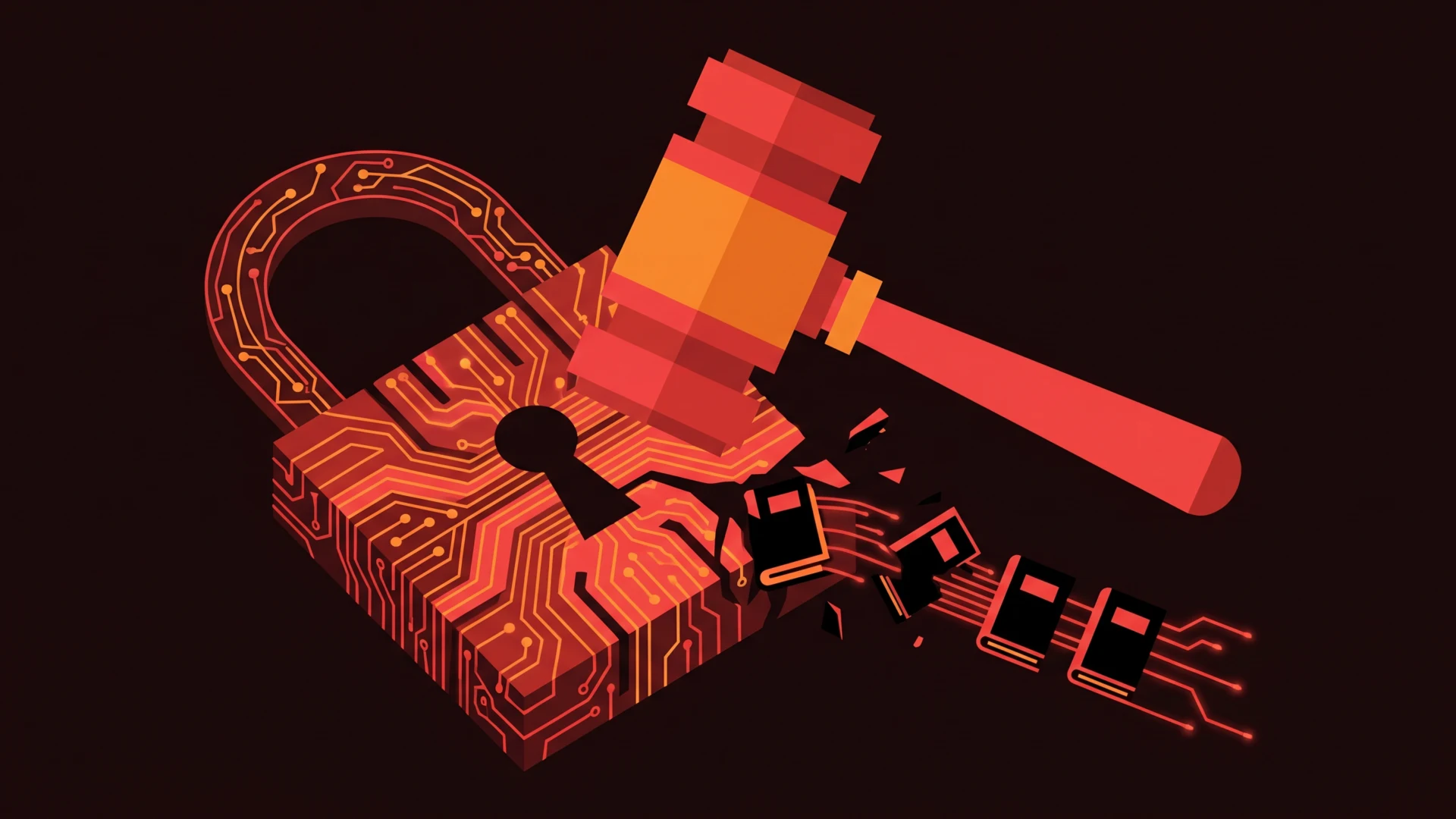 Abstract orange circuitry forming a padlock with a red key-like shape extending to the right against a dark background.