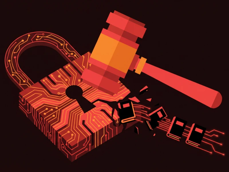 Abstract orange circuitry forming a padlock with a red key-like shape extending to the right against a dark background.